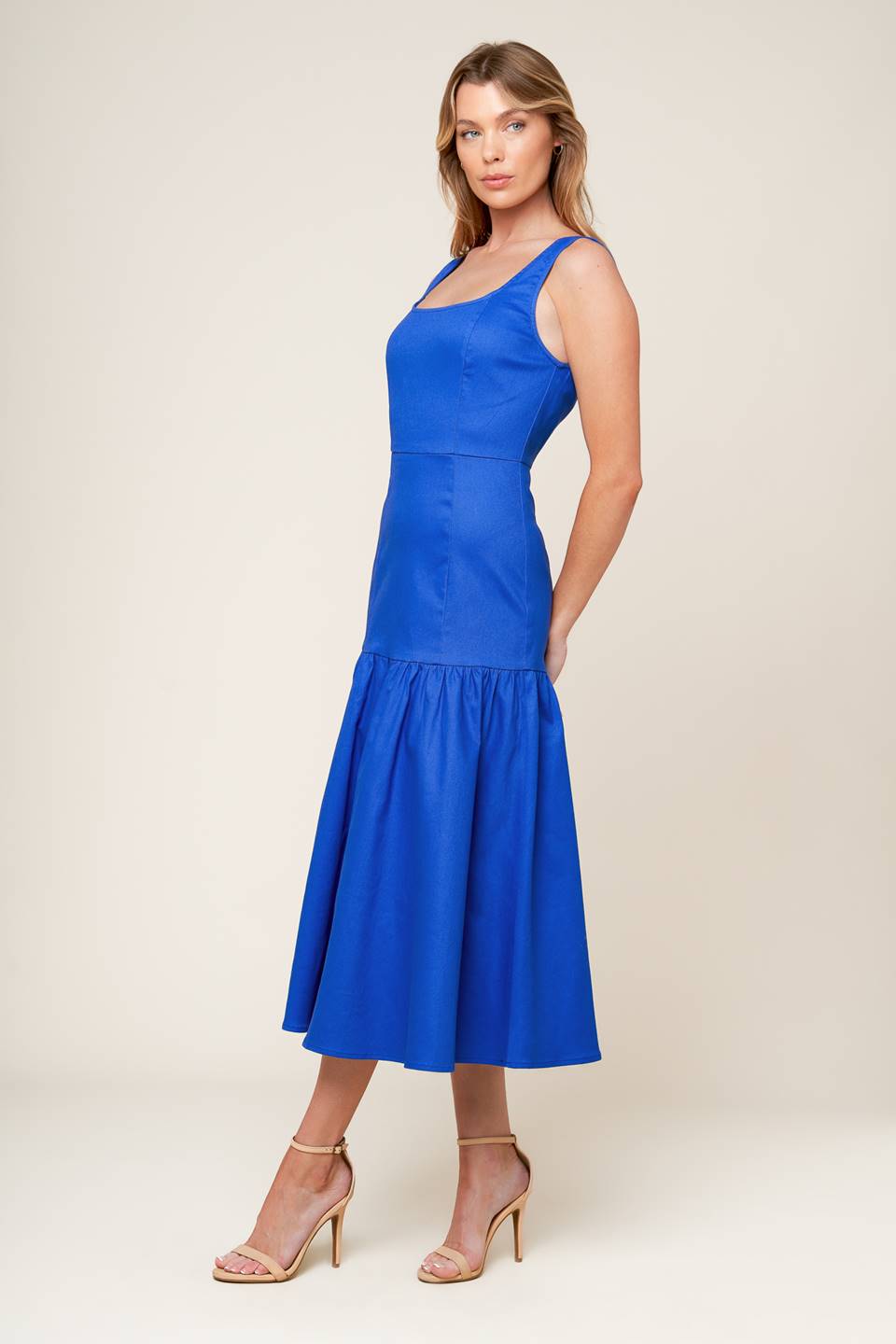 BONNIE BLUE MIDI DRESS WITH SQUARE NECKLINE & DROP WAIST