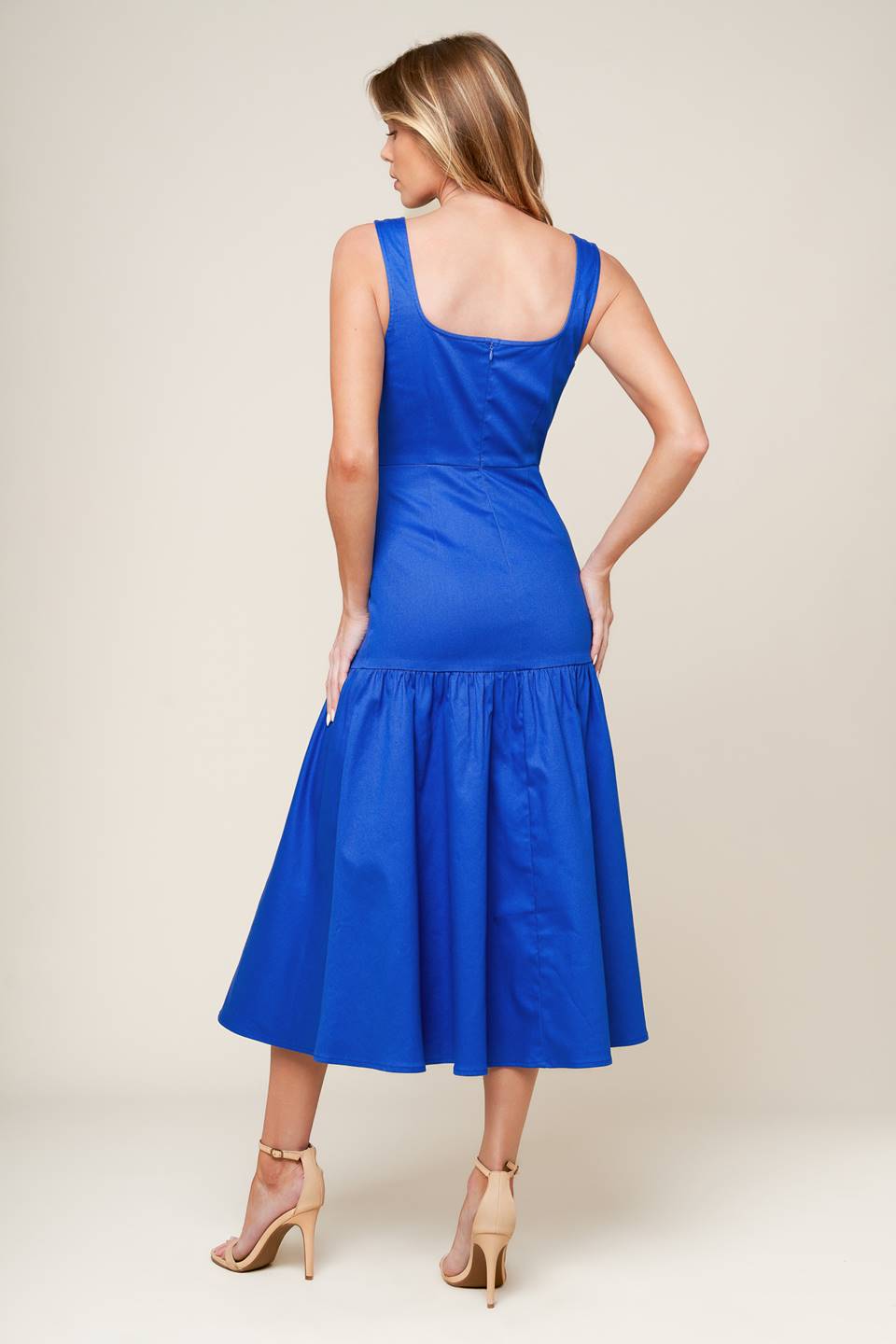BONNIE BLUE MIDI DRESS WITH SQUARE NECKLINE & DROP WAIST