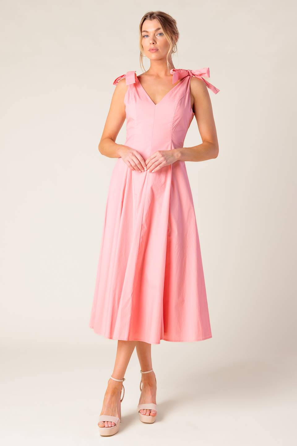 SWEET NOTHINGS SHOULDER BOW MIDI DRESS - PEACH