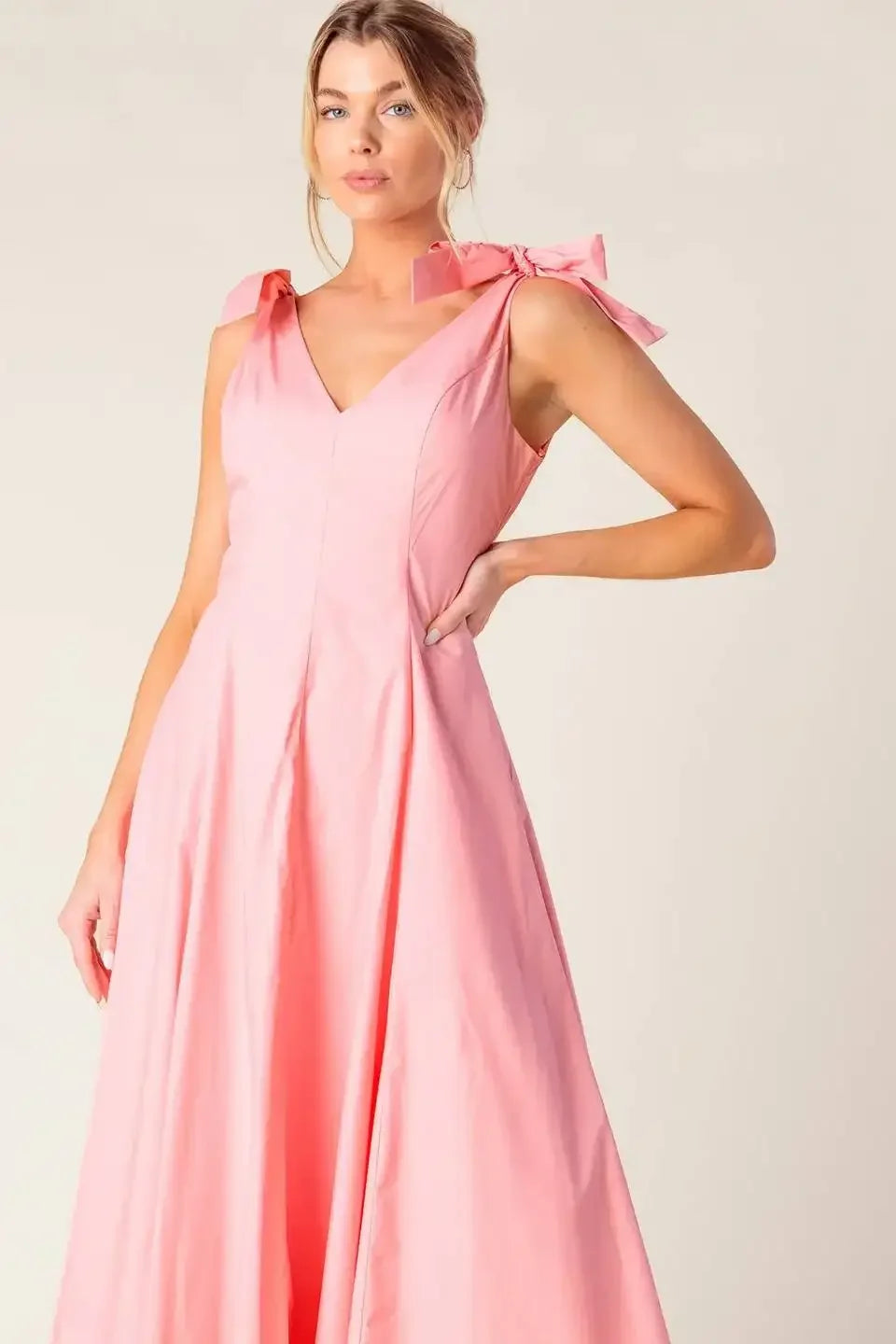 SWEET NOTHINGS SHOULDER BOW MIDI DRESS - PEACH