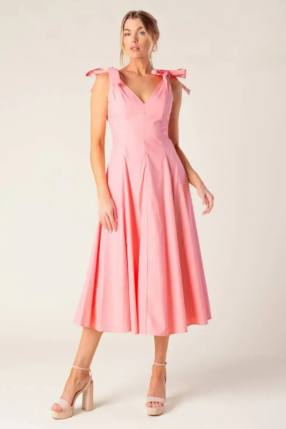 SWEET NOTHINGS SHOULDER BOW MIDI DRESS - PEACH