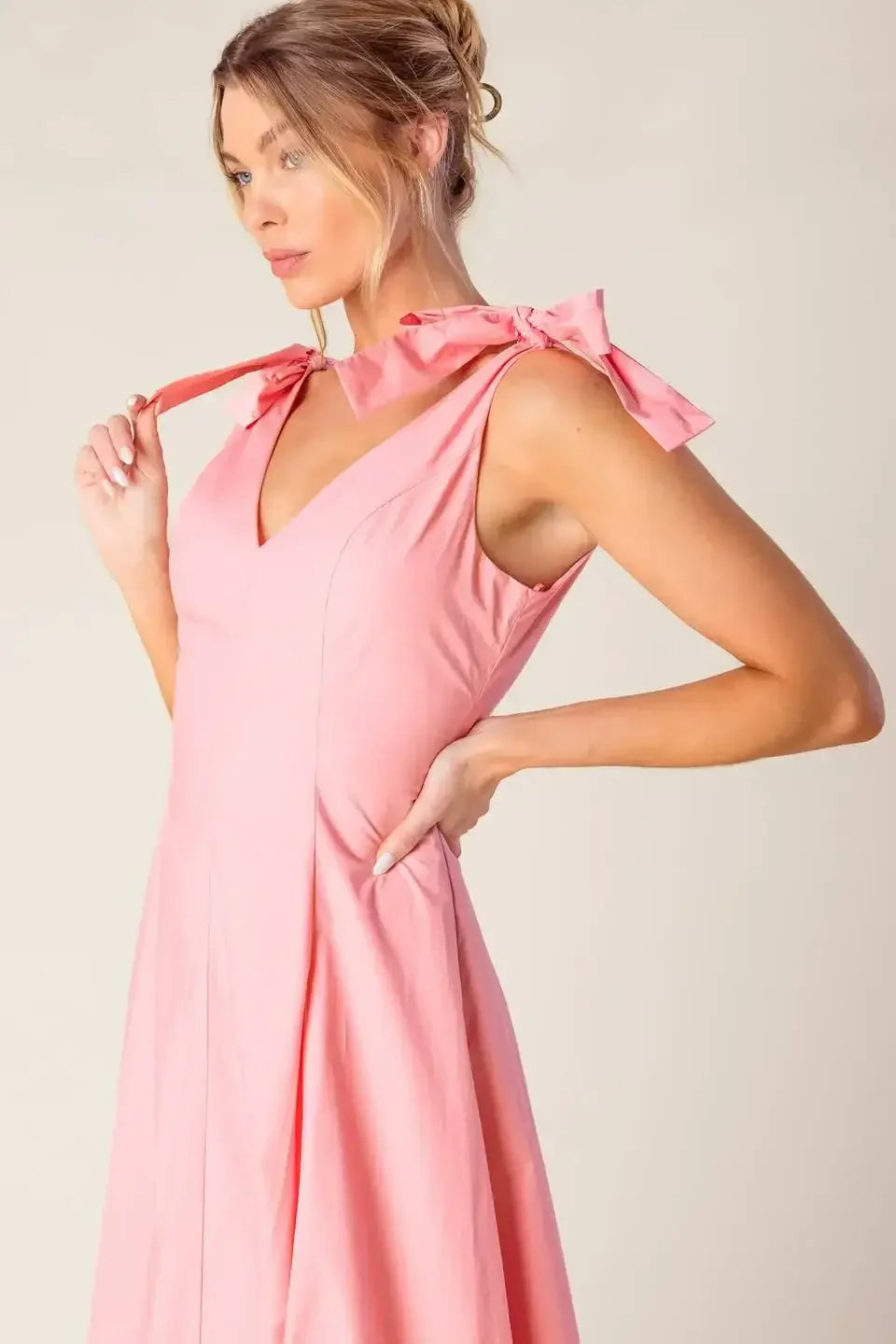SWEET NOTHINGS SHOULDER BOW MIDI DRESS - PEACH