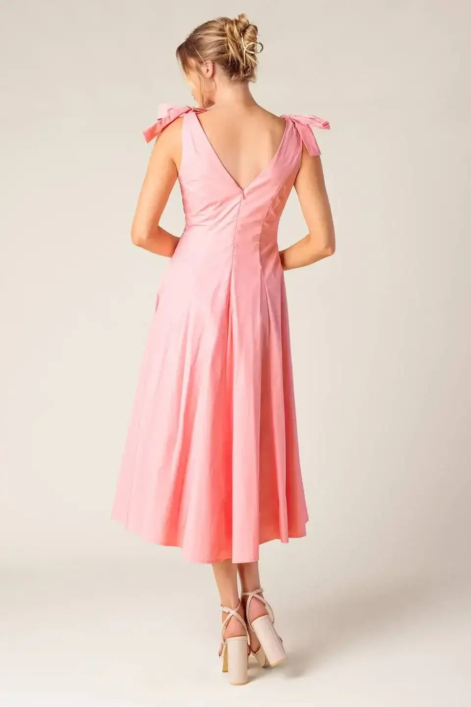 SWEET NOTHINGS SHOULDER BOW MIDI DRESS - PEACH