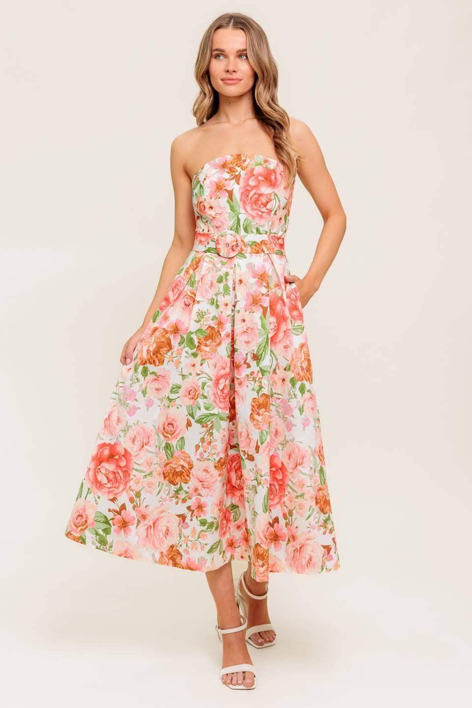 DAWN STRAPLESS MIDI DRESS - PINK FLORAL