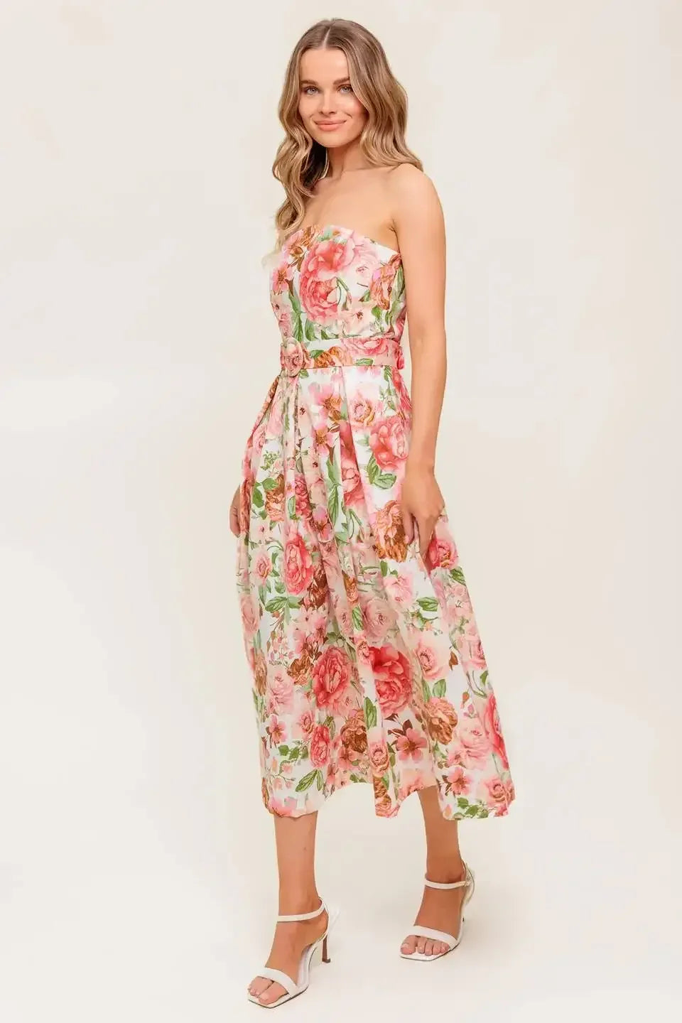 DAWN STRAPLESS MIDI DRESS - PINK FLORAL