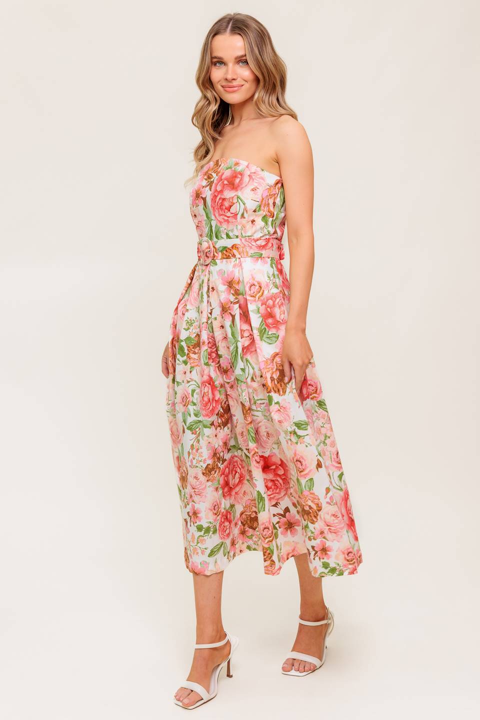 DAWN STRAPLESS MIDI DRESS - PINK FLORAL