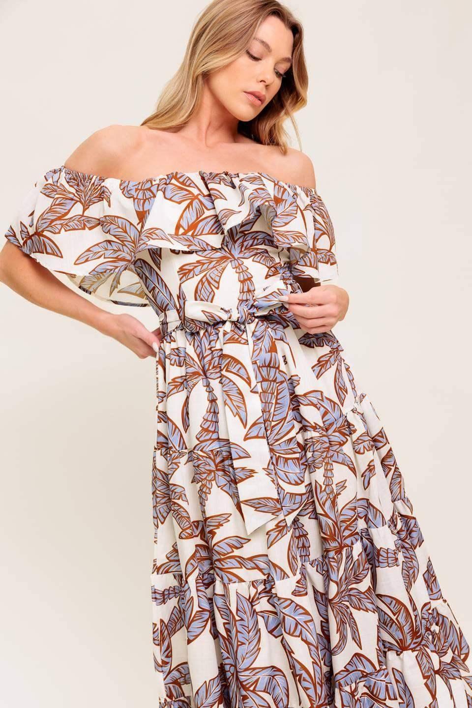 PALM TREE GARDEN - OFF THE SHOULDER MIDI DRESS