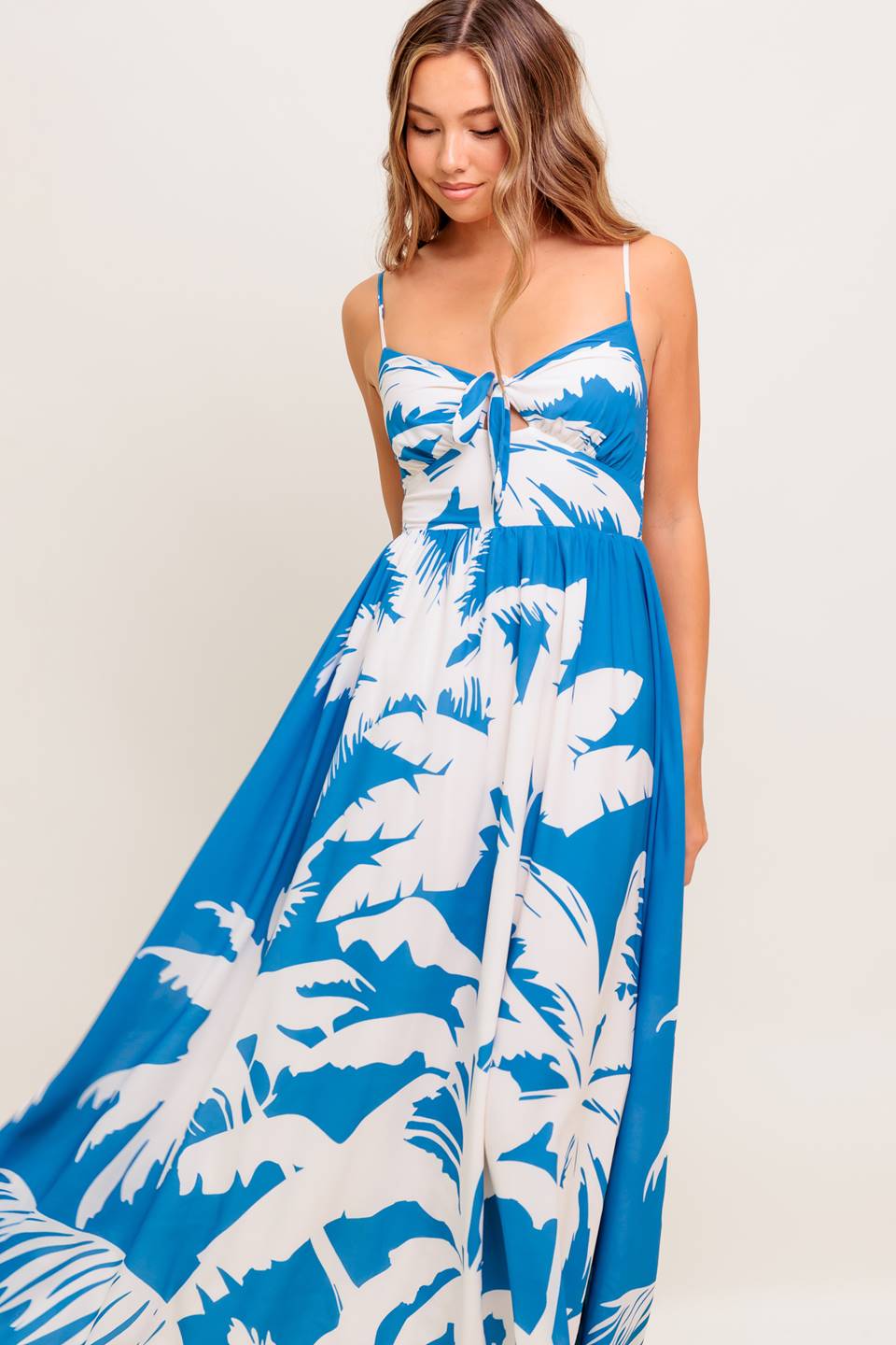 KAIA BLUE PALM PRINT MAXI DRESS