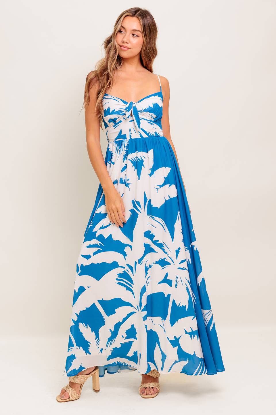 KAIA BLUE PALM PRINT MAXI DRESS