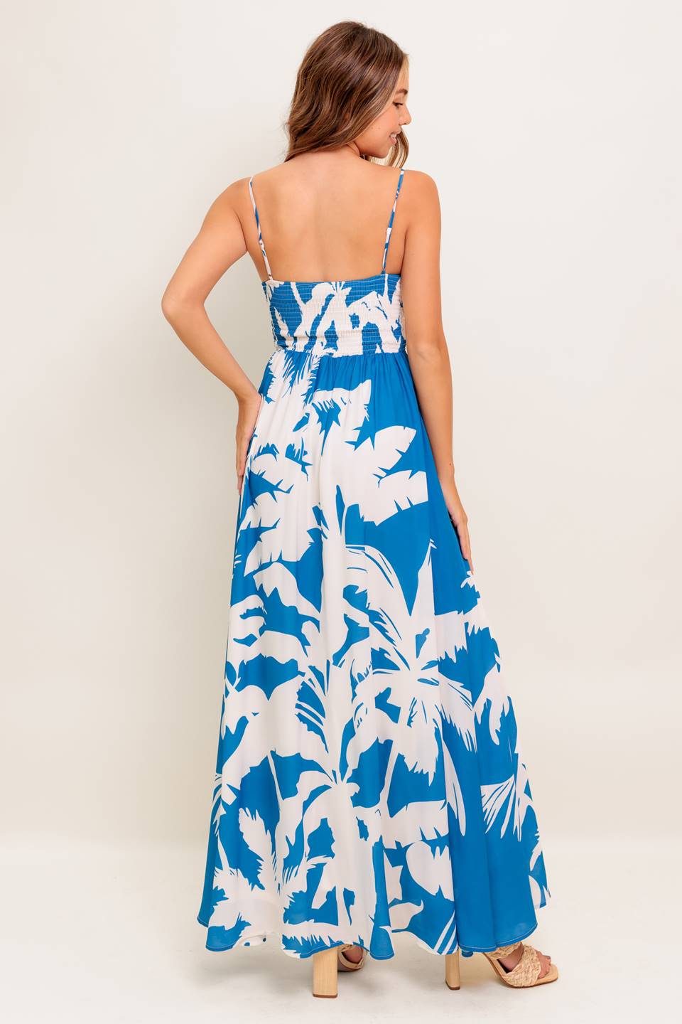 KAIA BLUE PALM PRINT MAXI DRESS