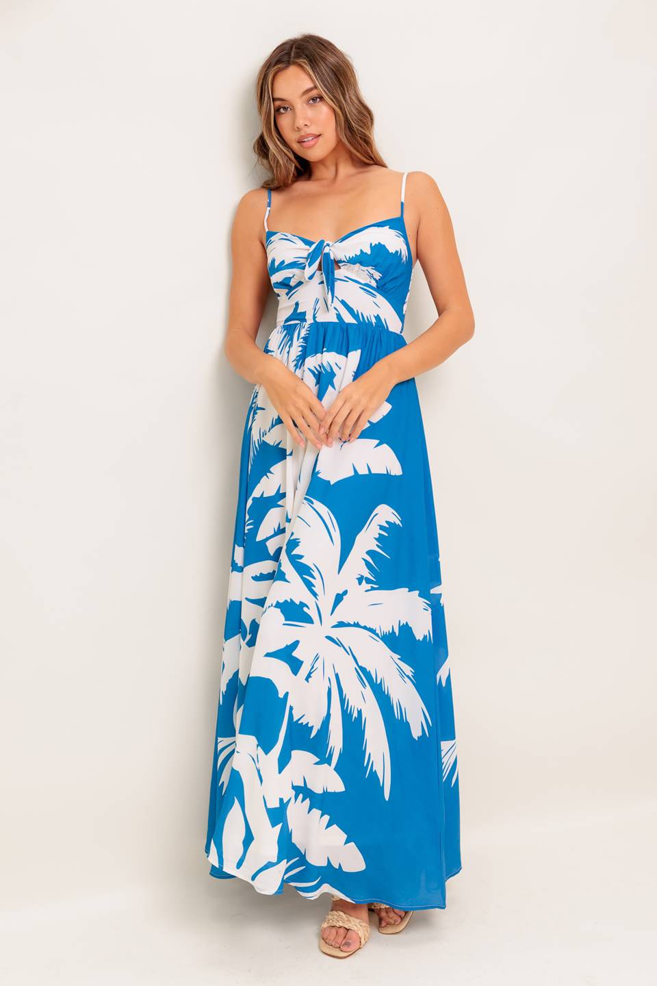 KAIA BLUE PALM PRINT MAXI DRESS | Tie-Front Cami Maxi with Smocked Back | Lady Black Tie KAIA BLUE PALM PRINT MAXI DRESS | Tie-Front Cami Maxi with Smocked Back | Lady Black Tie
