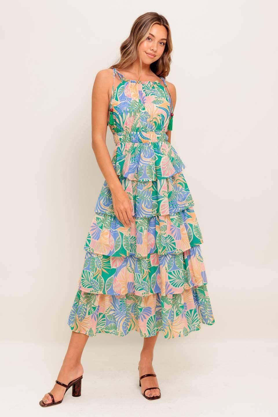 TARA LEAF PRINT MIDI DRESS