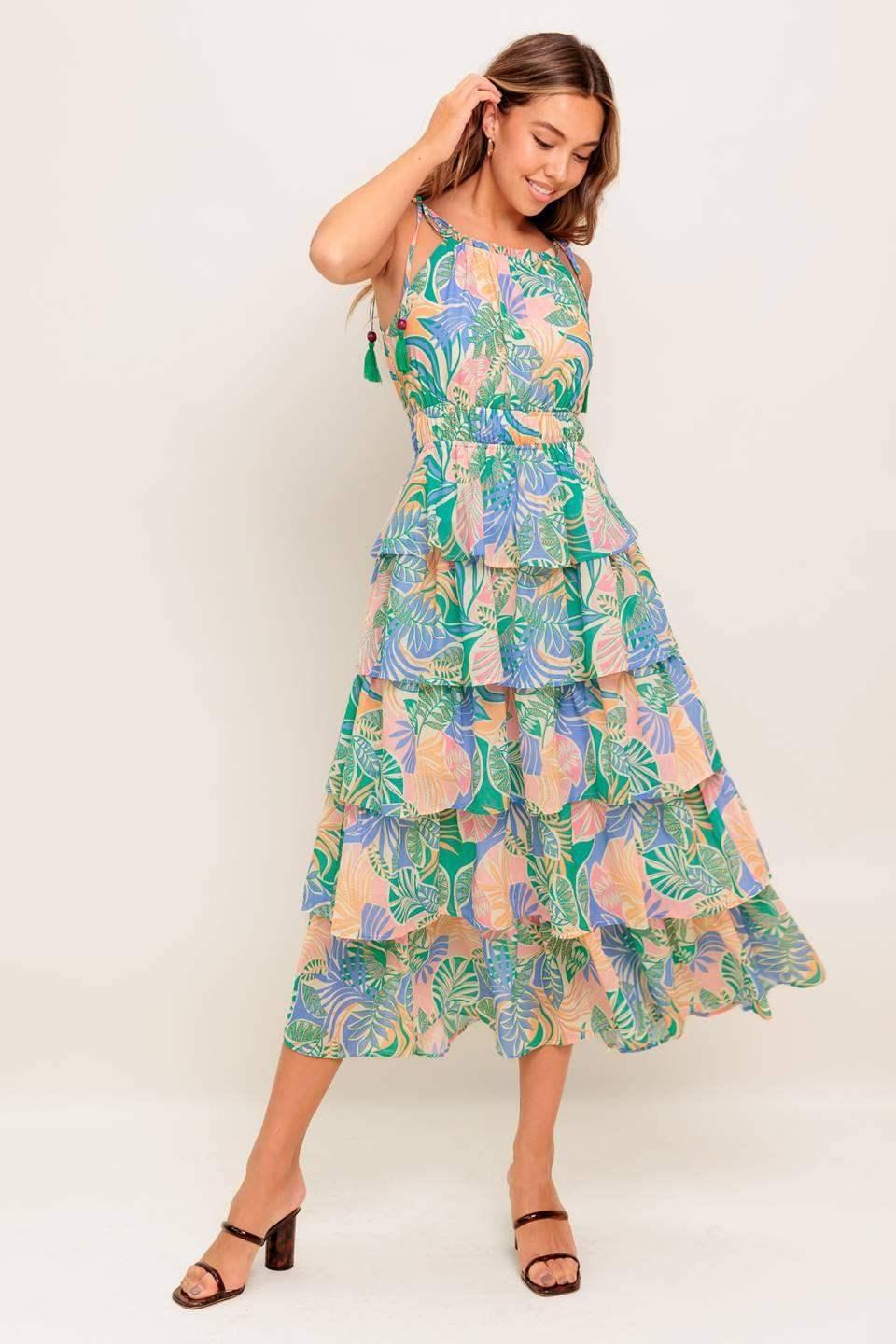 TARA LEAF PRINT MIDI DRESS