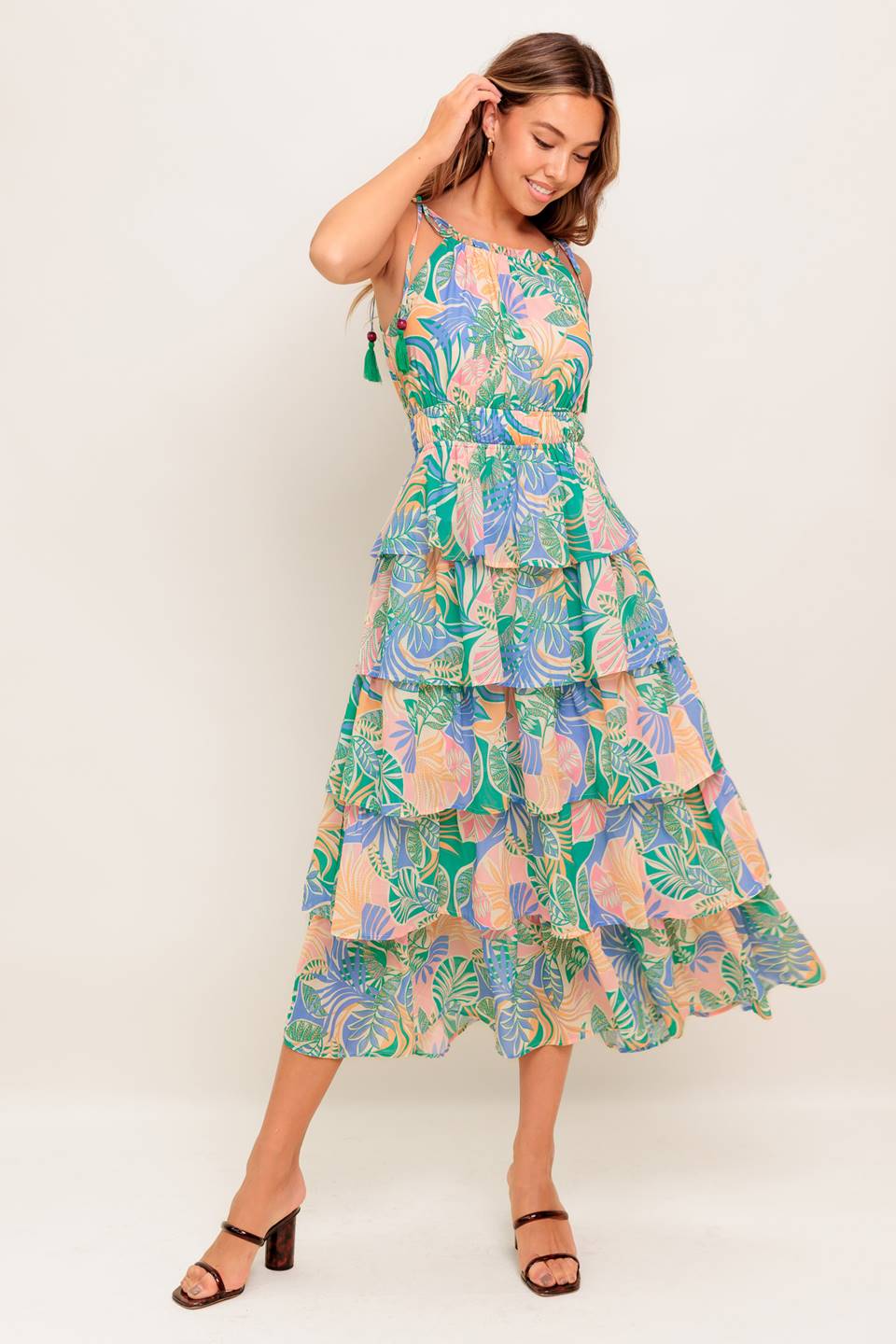 TARA LEAF PRINT MIDI DRESS
