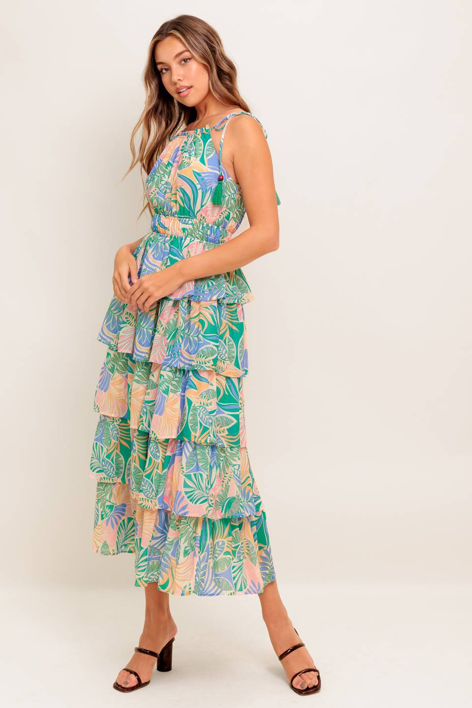 TARA LEAF PRINT MIDI DRESS