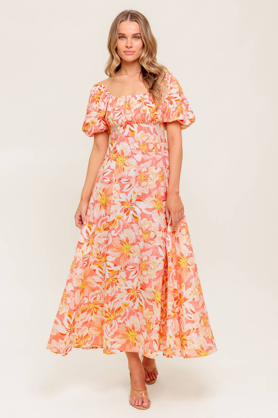 ISLAND FLOWERS PUFF SLEEVE MIDI DRESS - CORAL - FINAL SALE