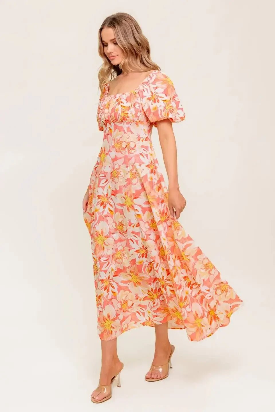 ISLAND FLOWERS PUFF SLEEVE MIDI DRESS - CORAL