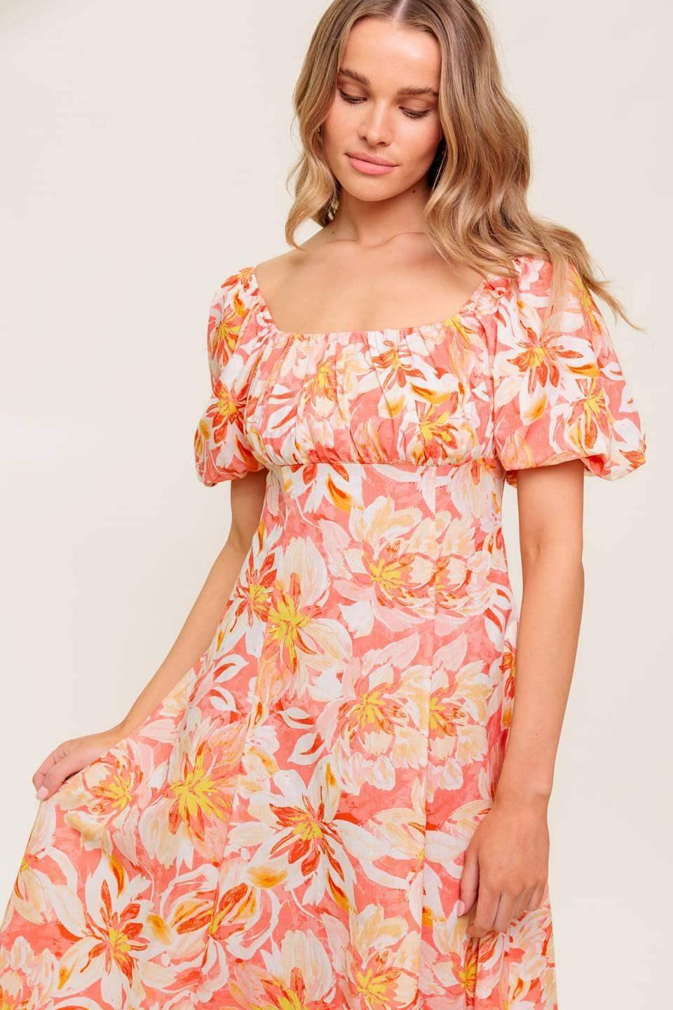 ISLAND FLOWERS PUFF SLEEVE MIDI DRESS - CORAL