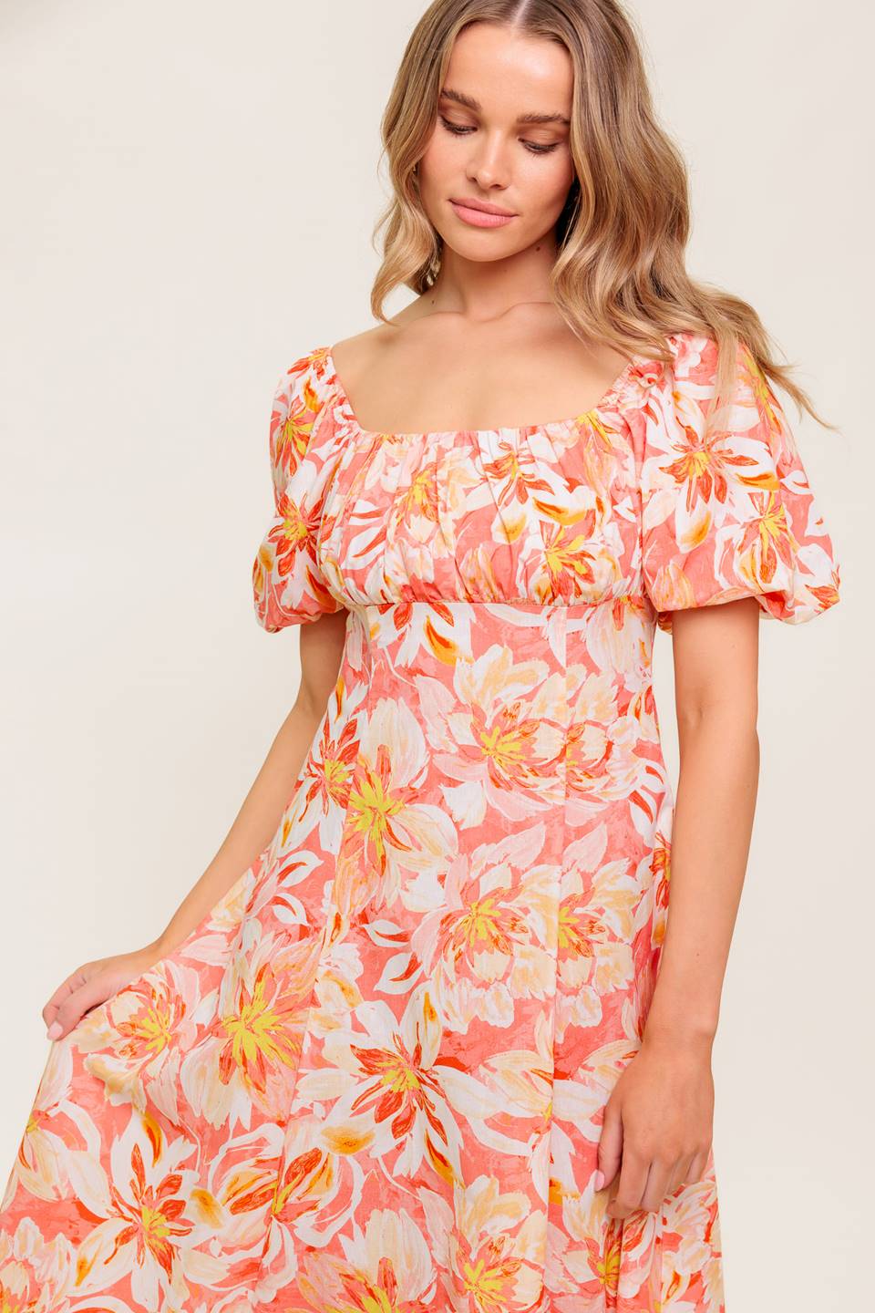 ISLAND FLOWERS PUFF SLEEVE MIDI DRESS - CORAL - FINAL SALE