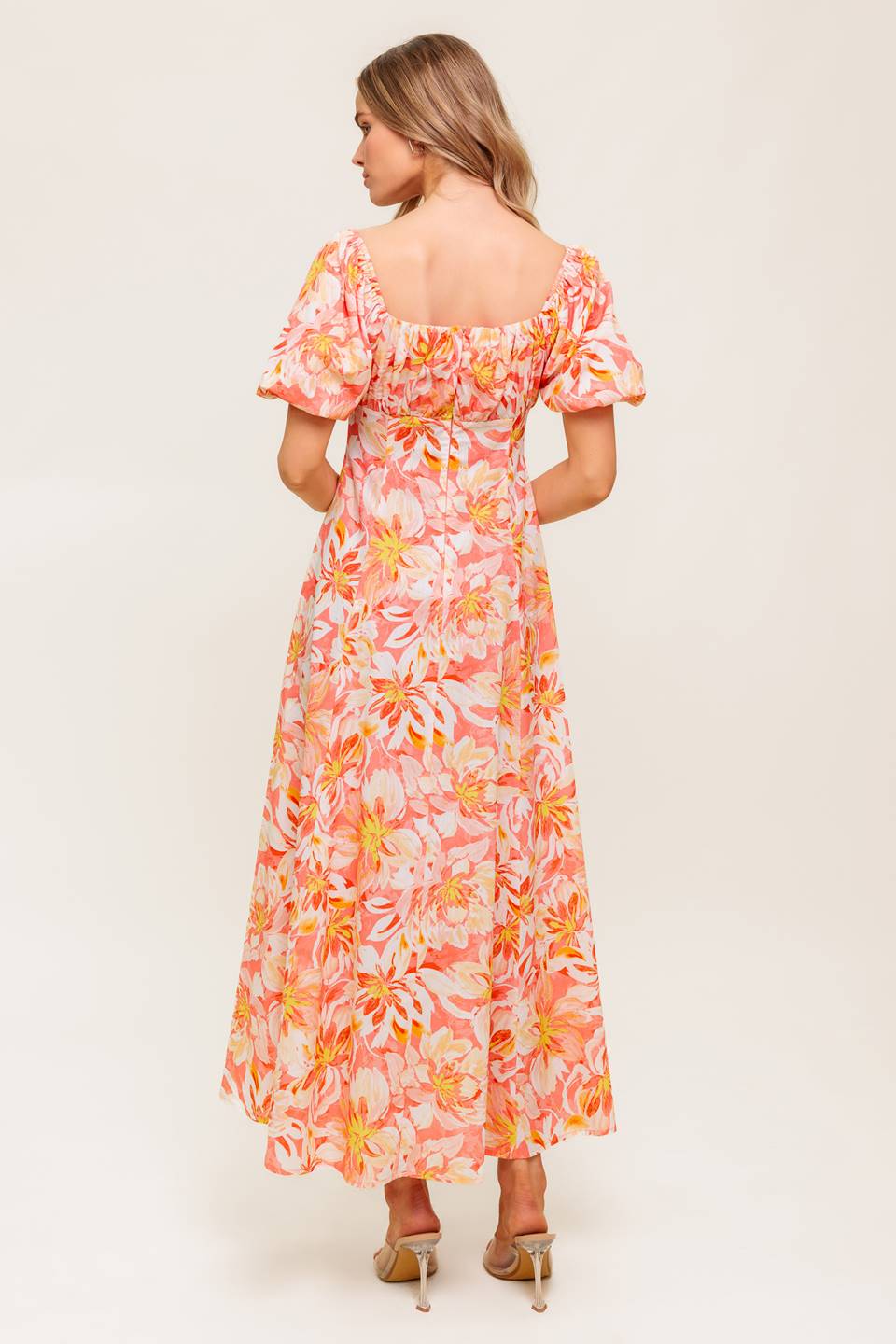 ISLAND FLOWERS PUFF SLEEVE MIDI DRESS - CORAL - FINAL SALE