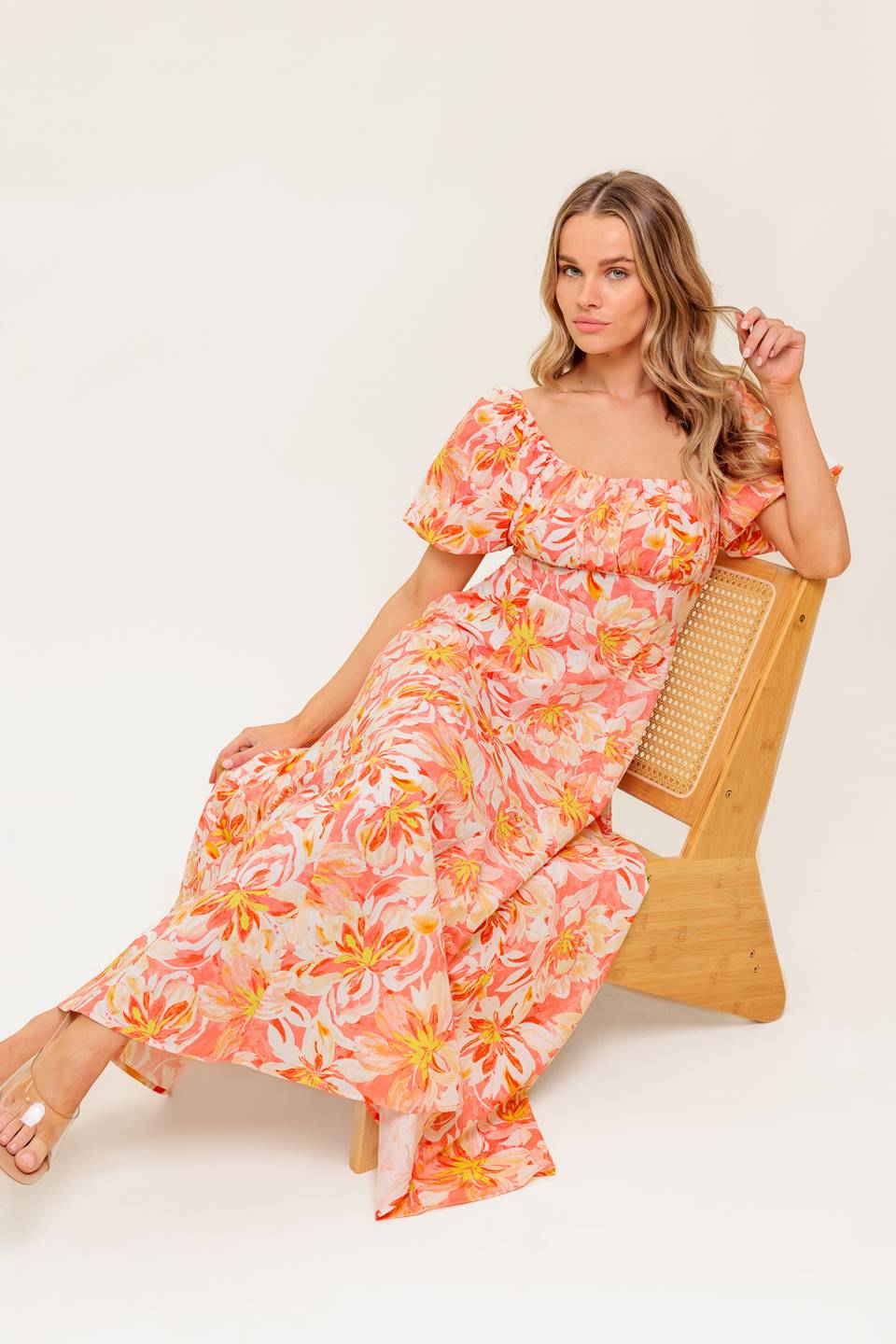 ISLAND FLOWERS PUFF SLEEVE MIDI DRESS - CORAL - FINAL SALE