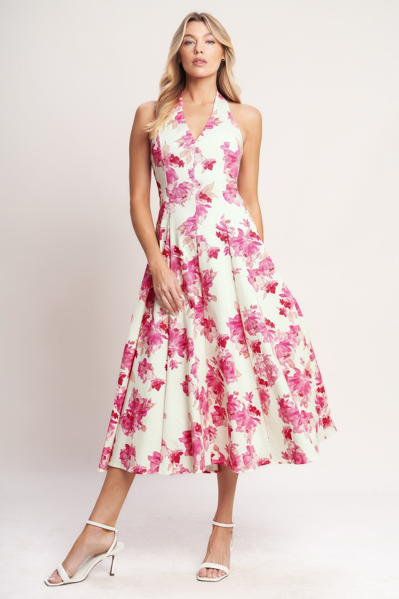 ROSY AFTERNOON PINK FLORAL HALTER MIDI DRESS