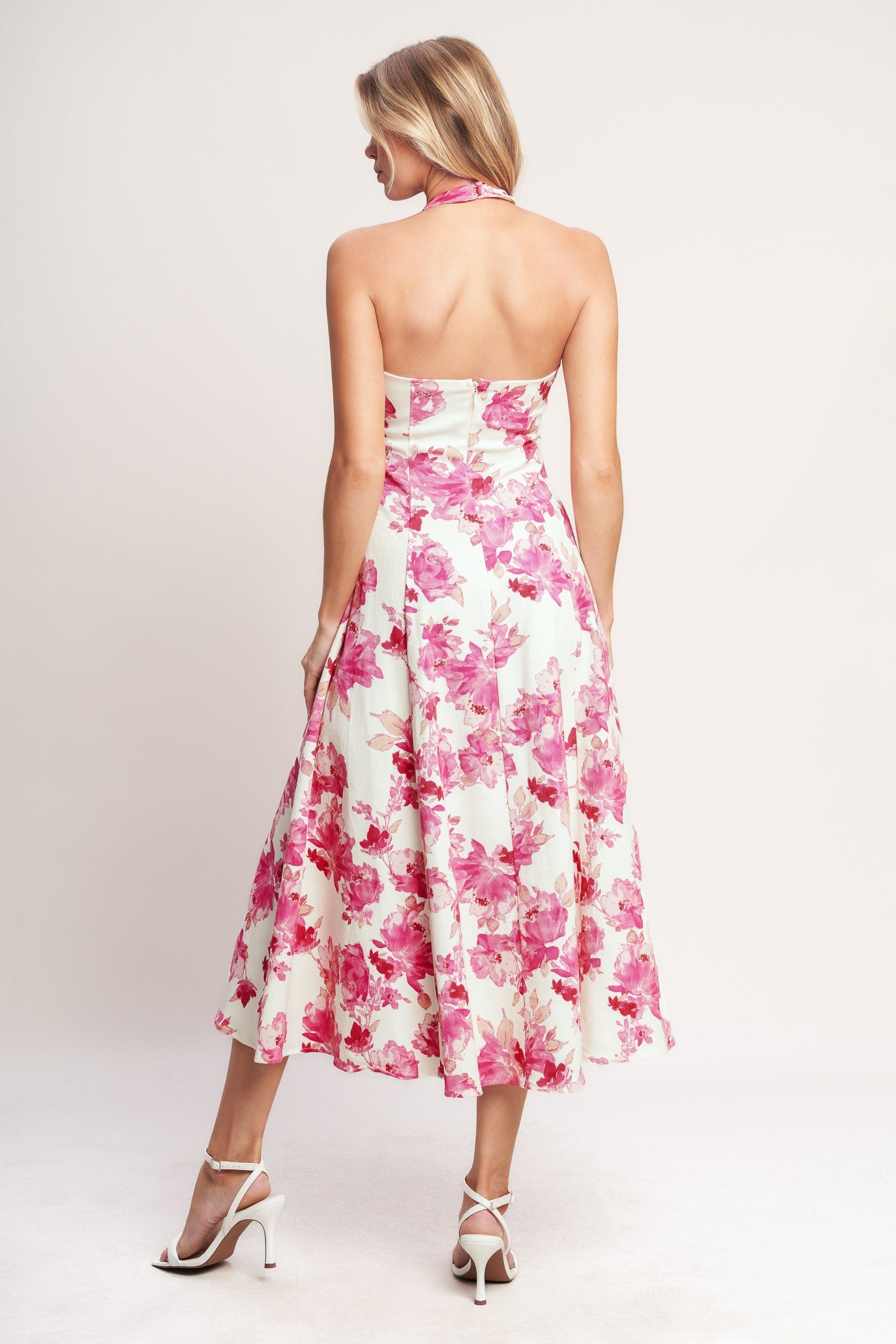 ROSY AFTERNOON PINK FLORAL HALTER MIDI DRESS