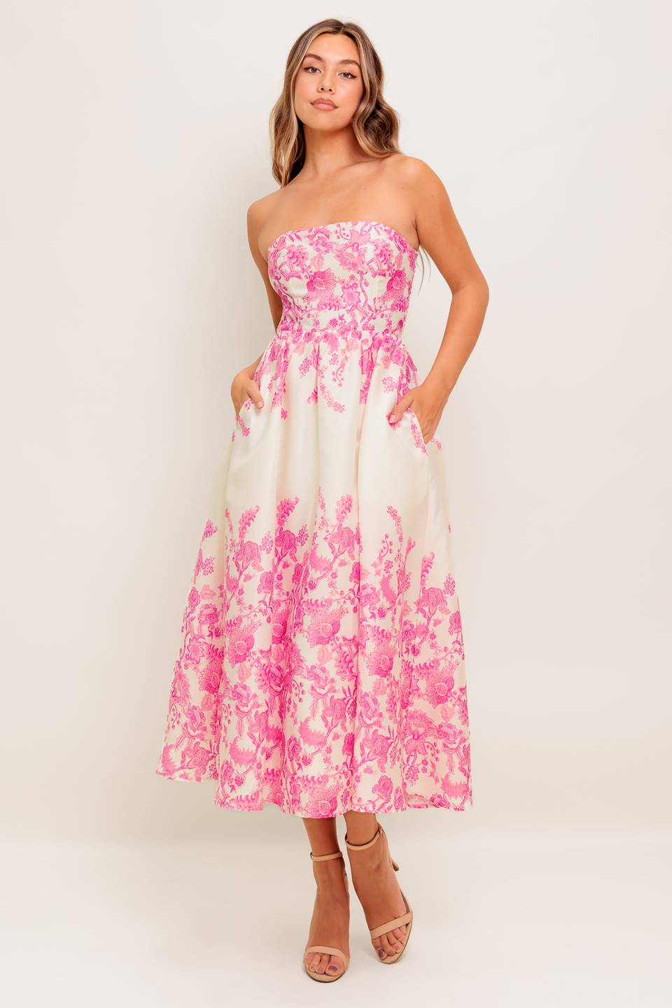 COCO PINK FLORAL STRAPLESS COCKTAIL DRESS