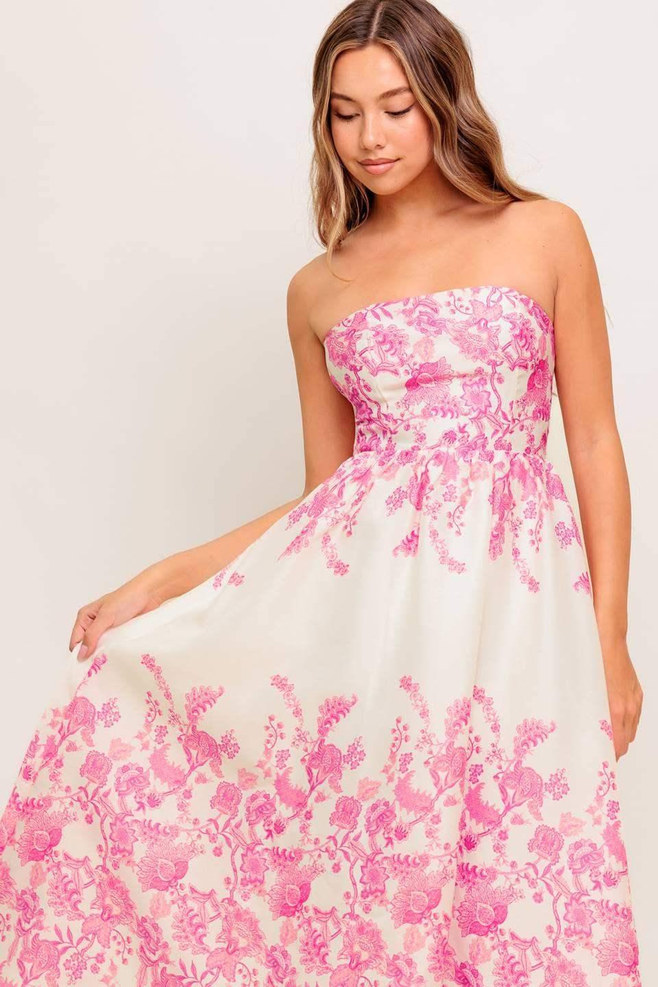 COCO PINK FLORAL STRAPLESS COCKTAIL DRESS