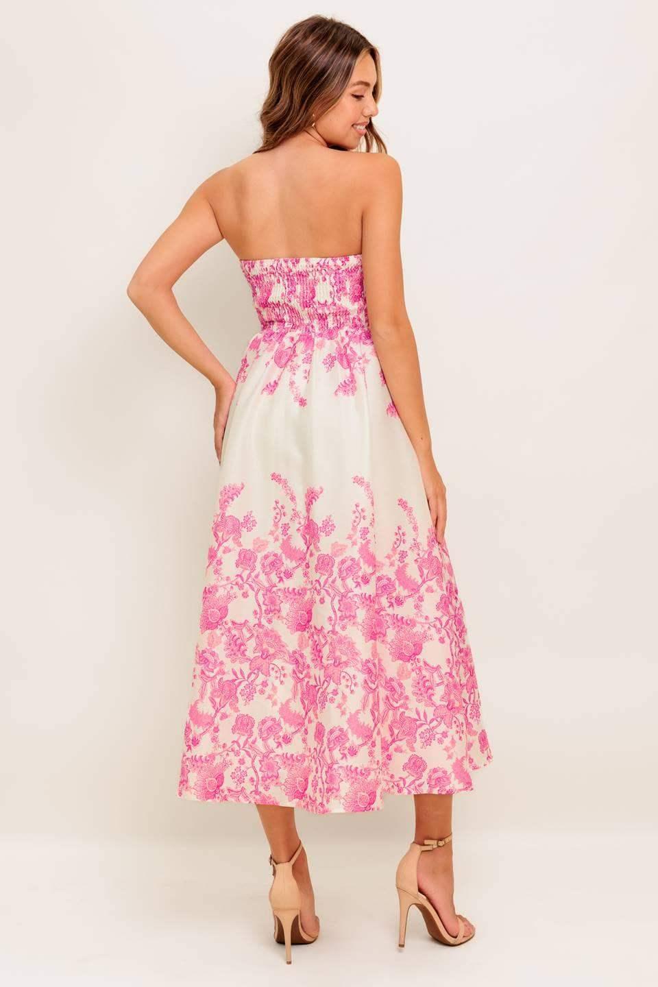 COCO PINK FLORAL STRAPLESS COCKTAIL DRESS