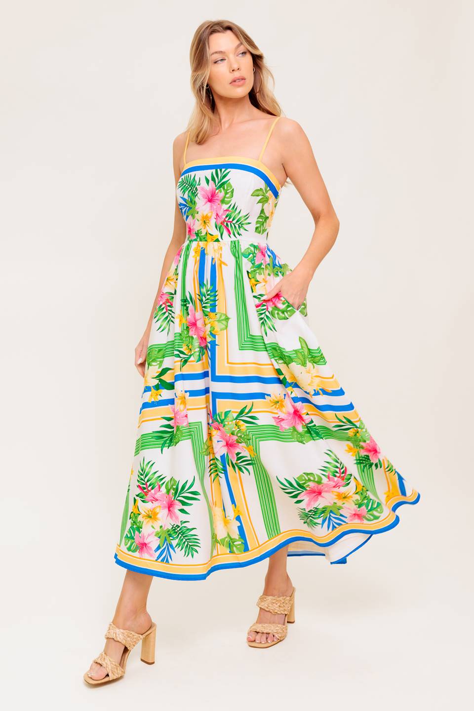 Lady Black Tie - Floral Harmony - Flower Print Midi Dress with Pockets