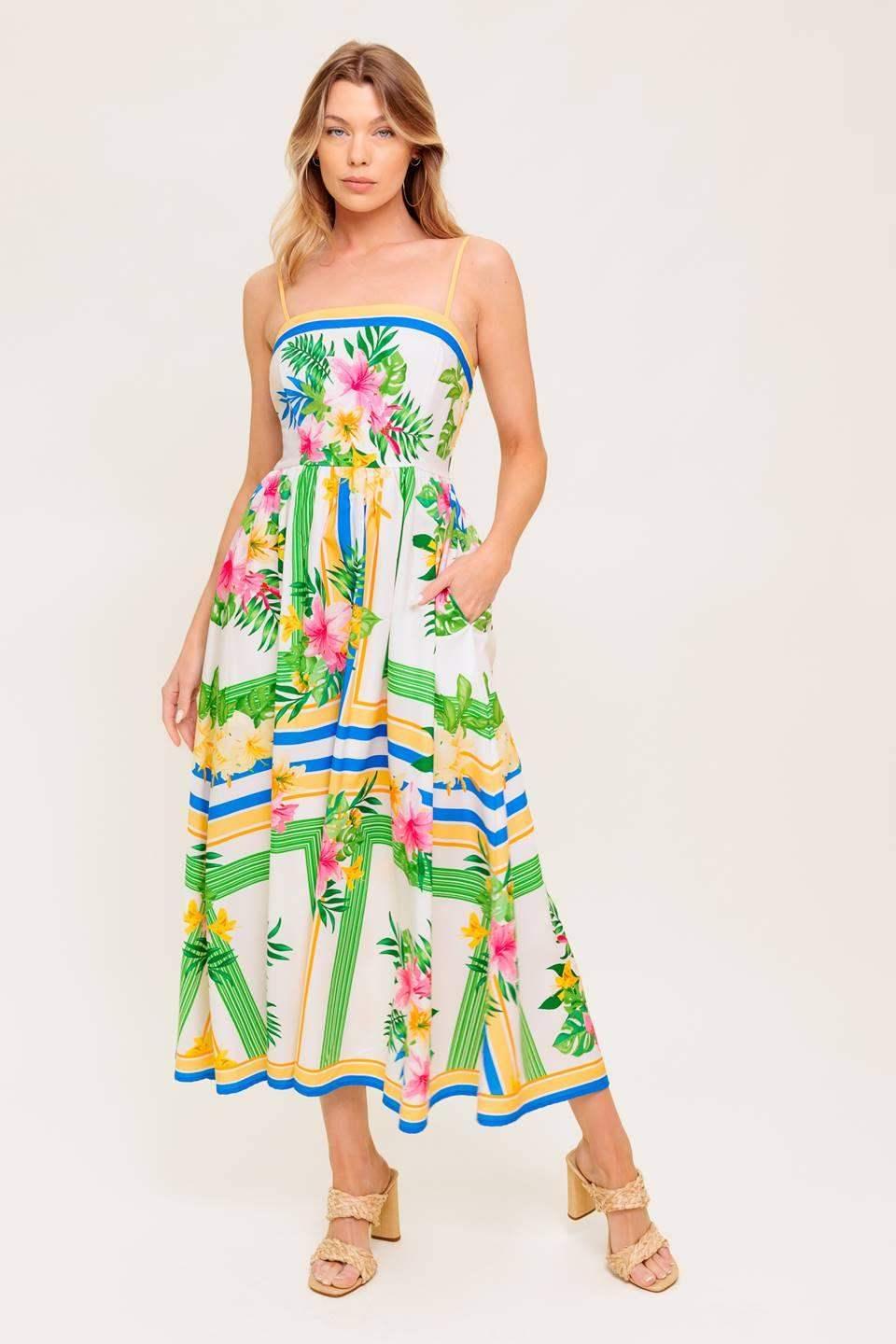 FLORAL HARMONY - FLOWER PRINT MIDI DRESS WITH POCKETS