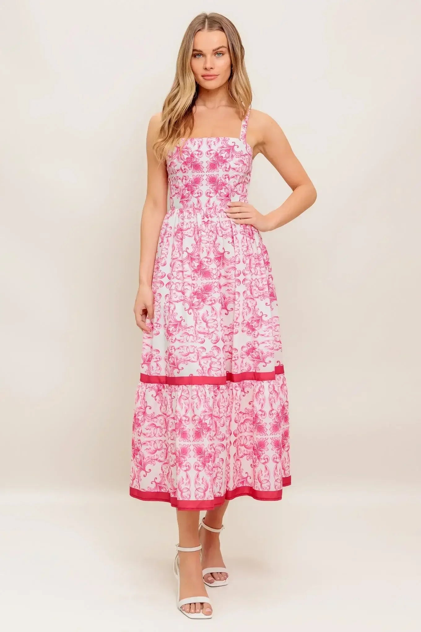 ROSALIE MIDI DRESS - PINK SCROLL PRINT