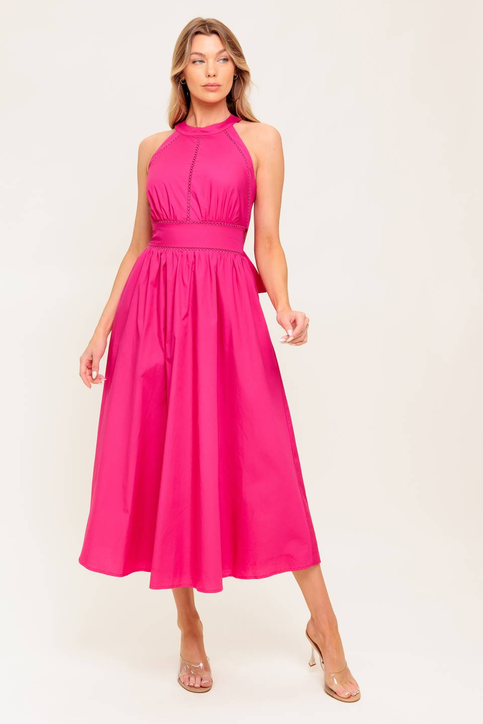 Lady Black Tie - Soleil Fuchsia - Halter Tie Back Midi Dress