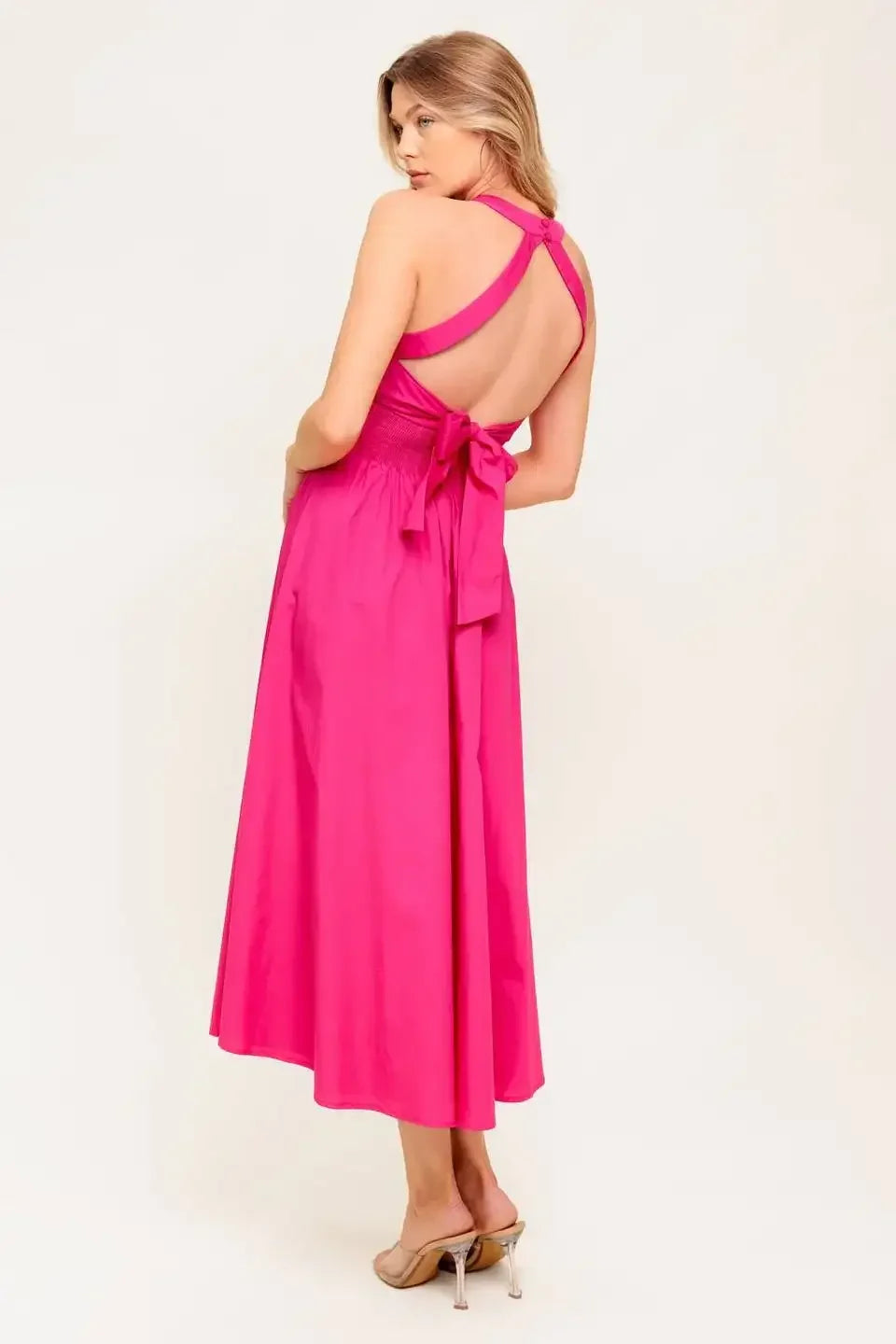 SOLEIL FUCHSIA HALTER MIDI DRESS