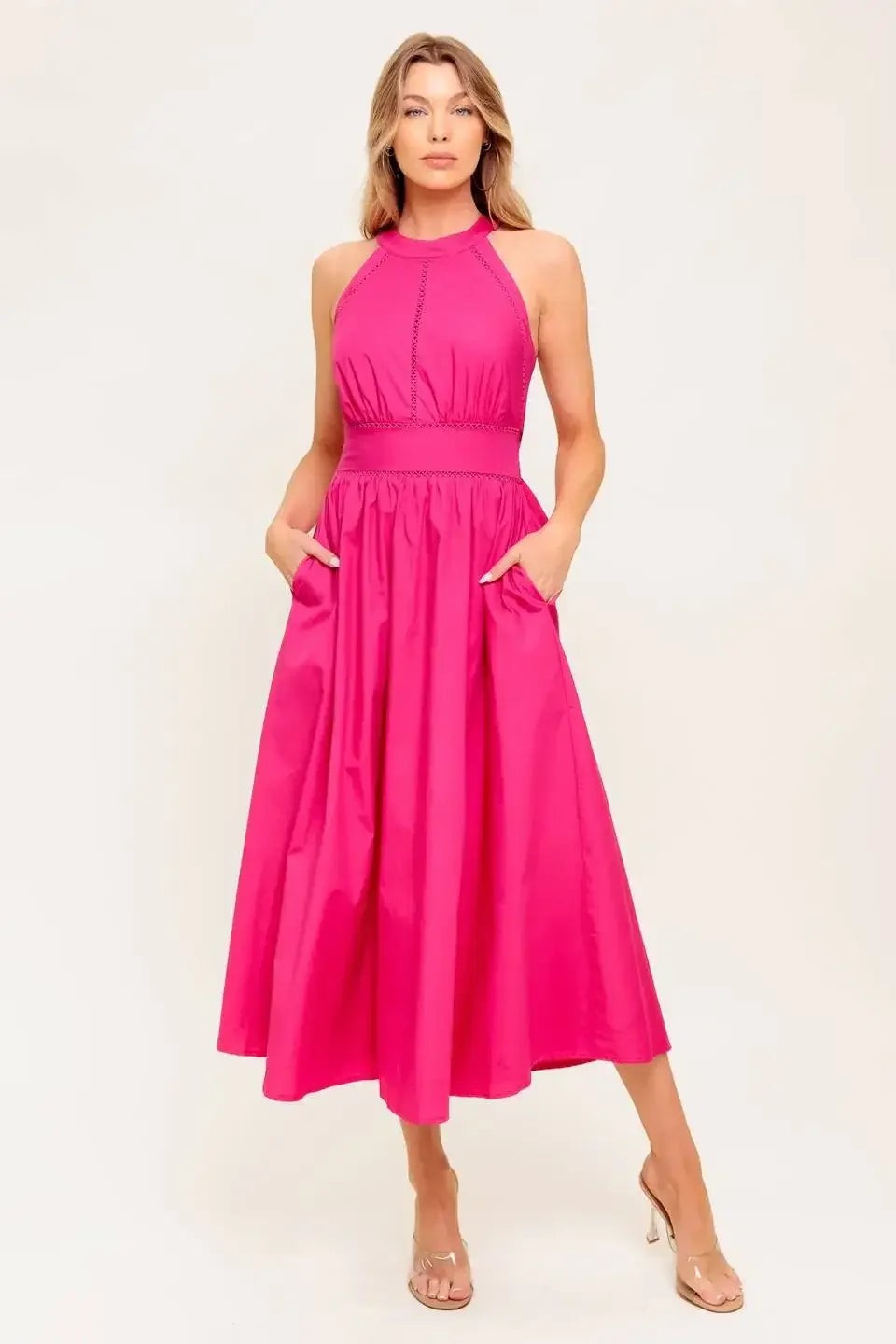 SOLEIL FUCHSIA HALTER MIDI DRESS