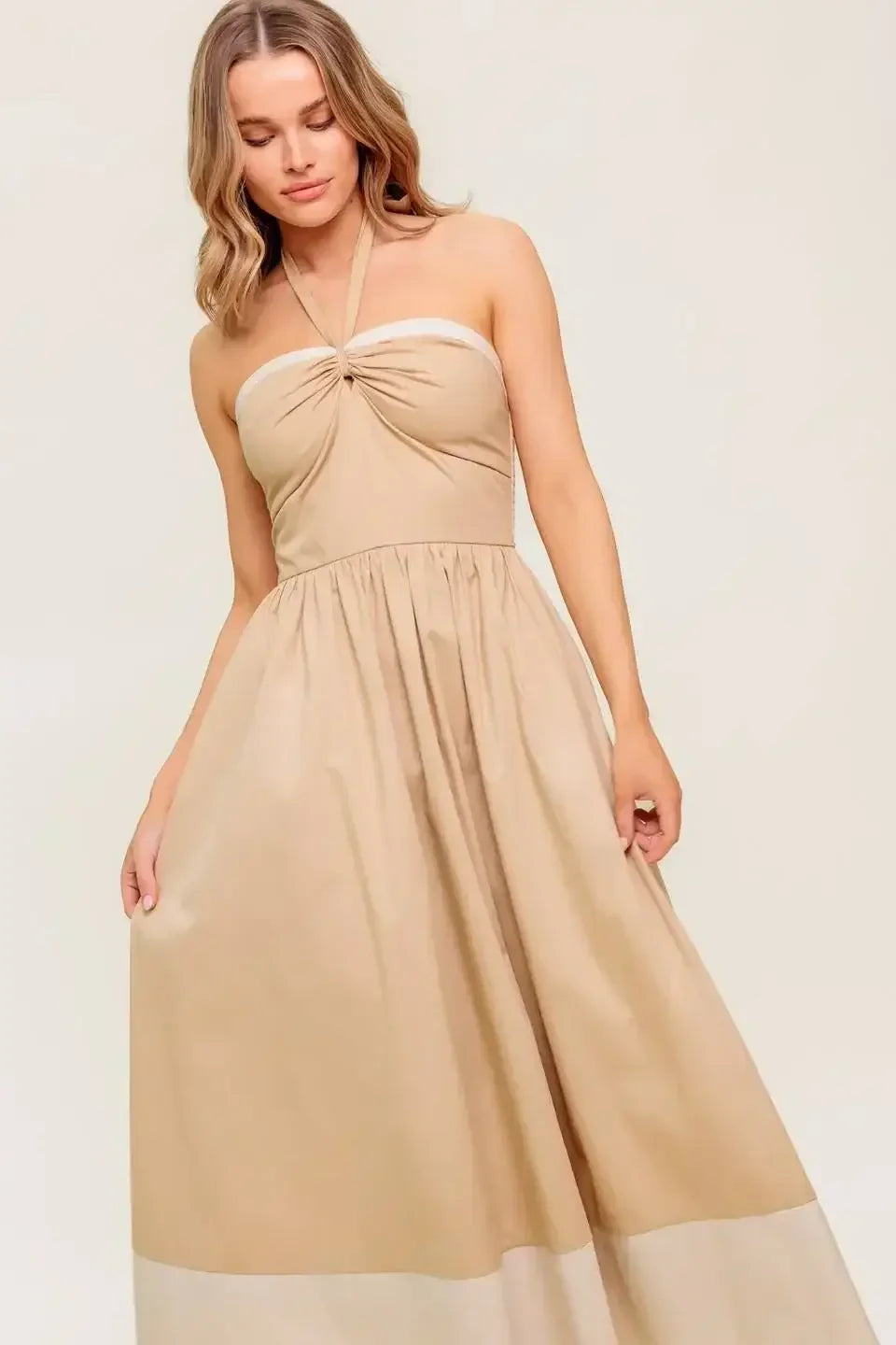 HYDRANGEA HAZE - HALTER MIDI DRESS - TAUPE