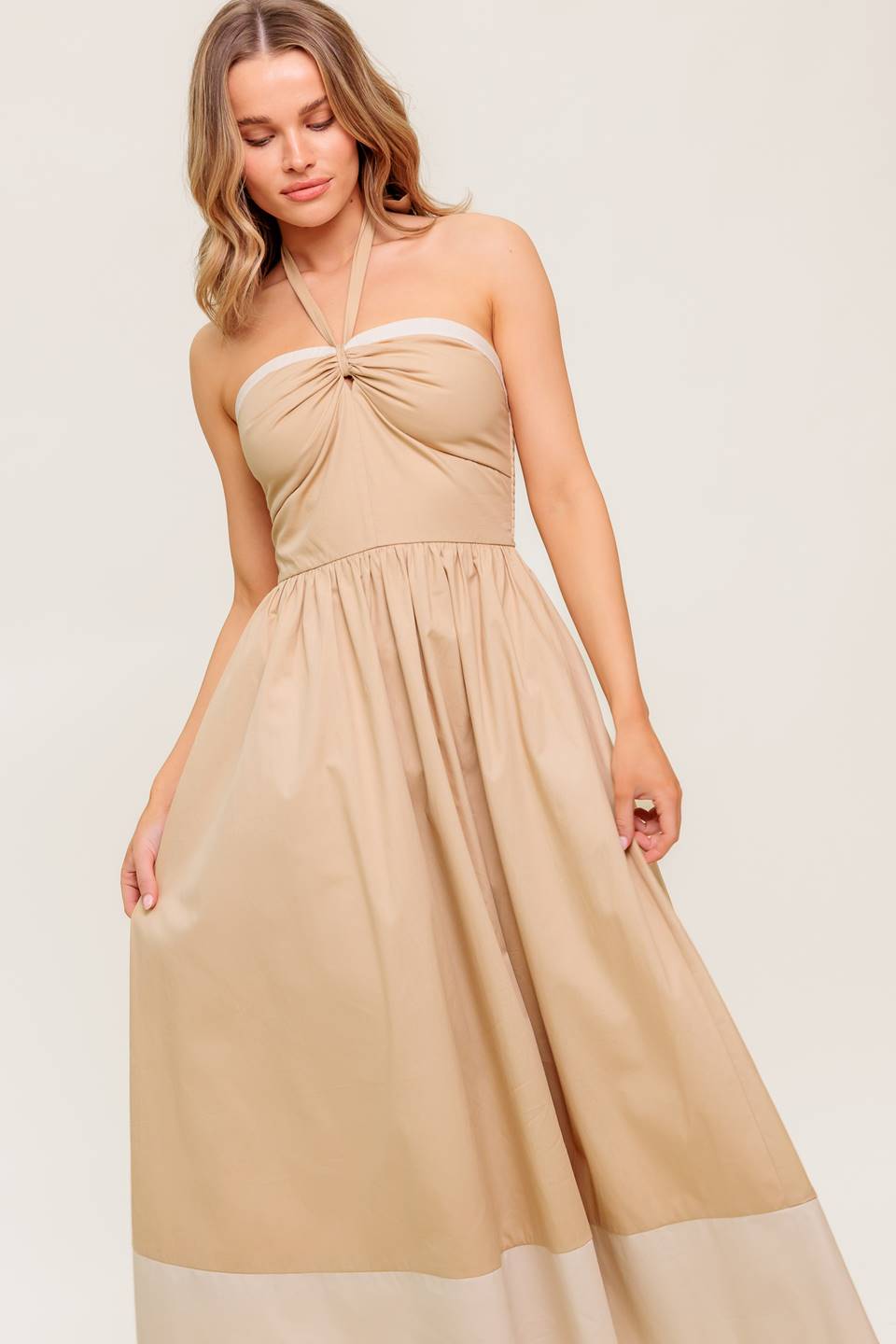HYDRANGEA HAZE - HALTER MIDI DRESS - TAUPE