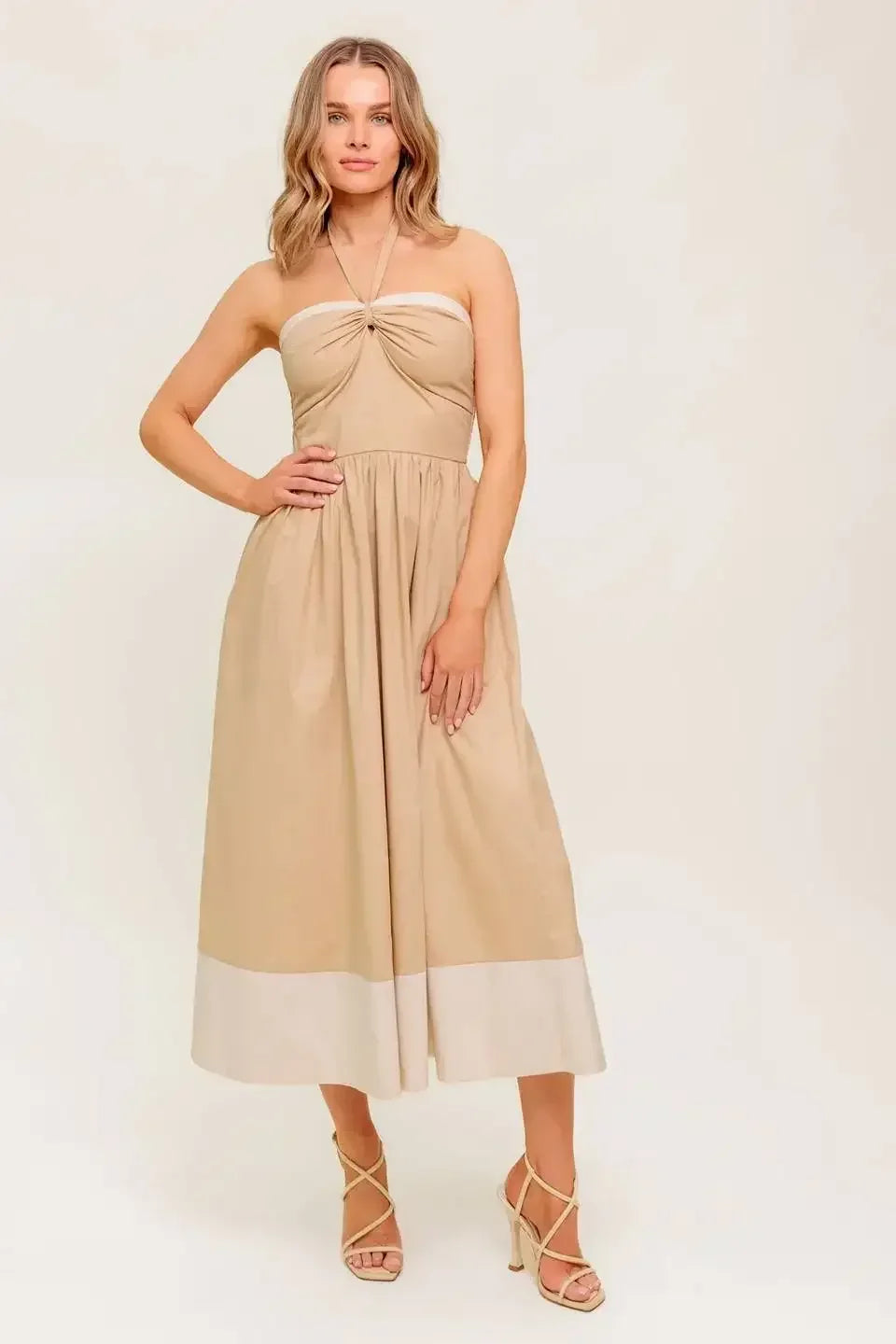 HYDRANGEA HAZE - HALTER MIDI DRESS - TAUPE