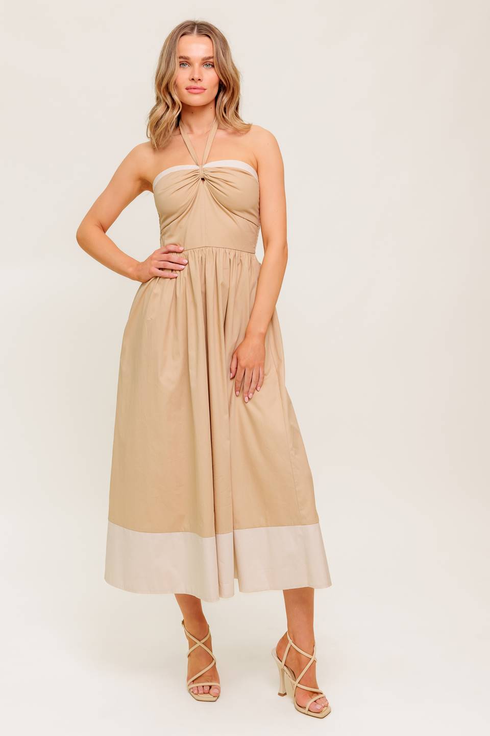 HYDRANGEA HAZE - HALTER MIDI DRESS - TAUPE
