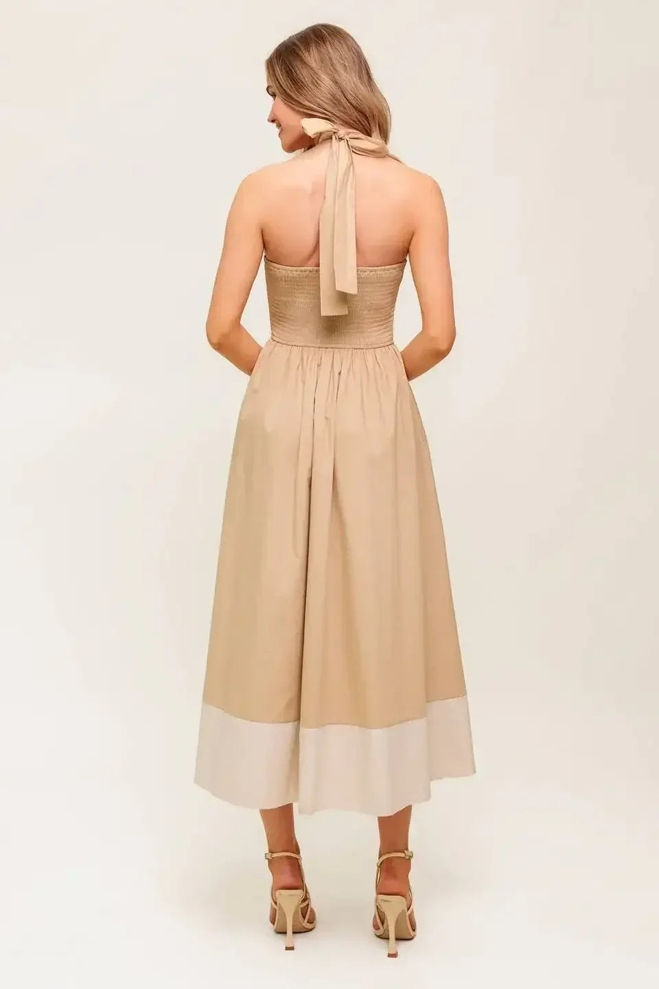 HYDRANGEA HAZE - HALTER MIDI DRESS - TAUPE