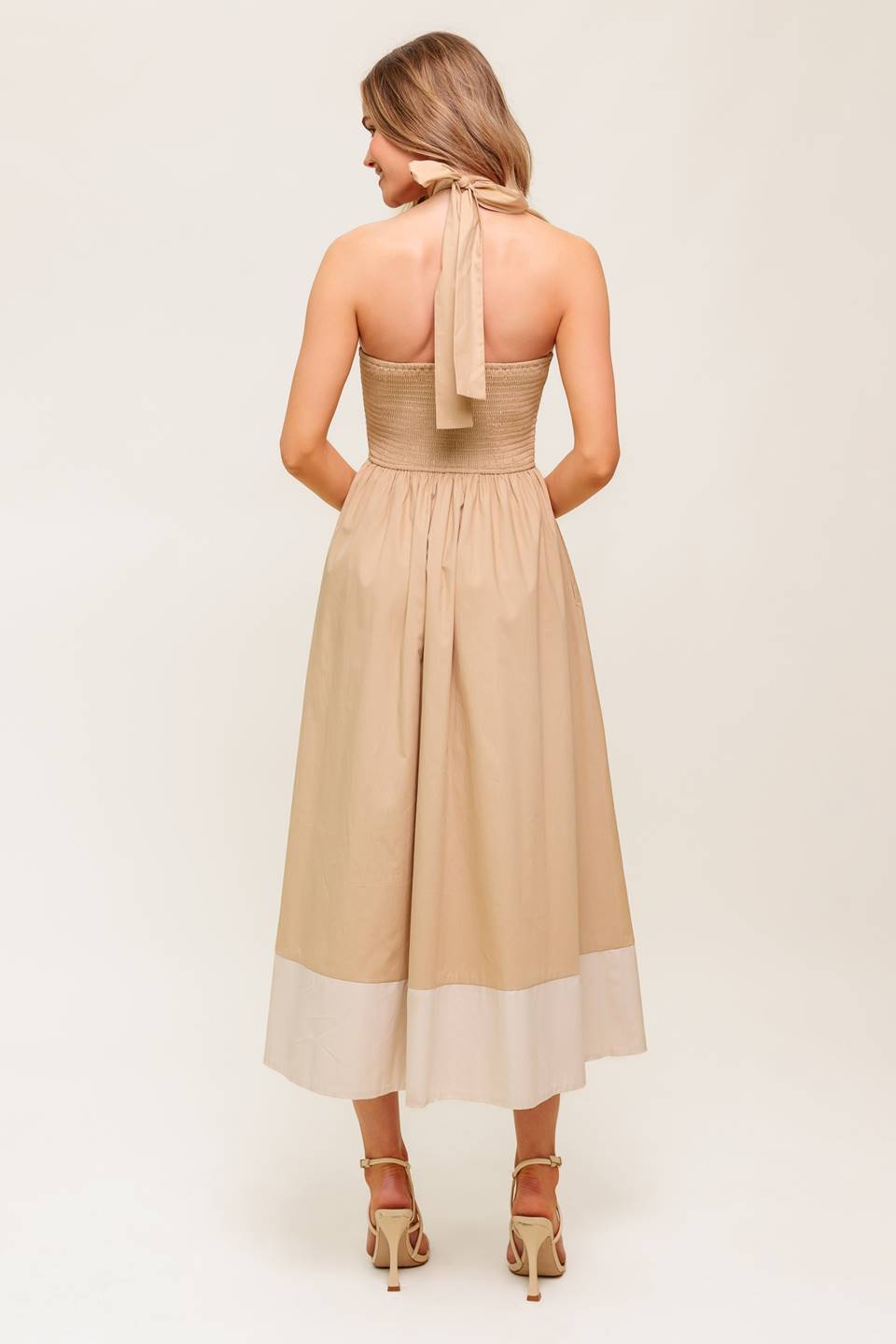 HYDRANGEA HAZE - HALTER MIDI DRESS - TAUPE