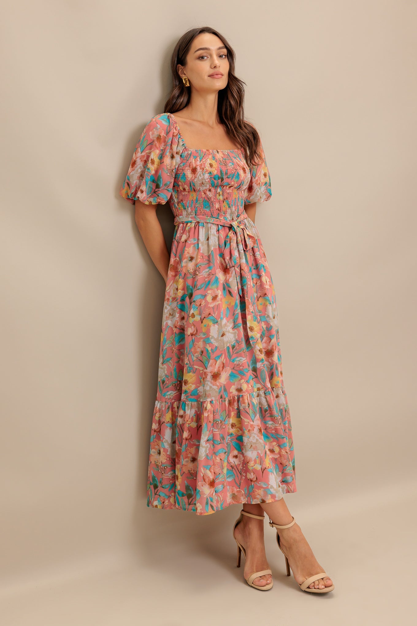ROSY TWILIGHT FLORAL MIDI DRESS