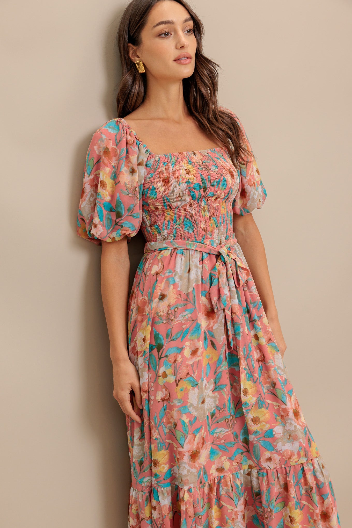 ROSY TWILIGHT FLORAL MIDI DRESS
