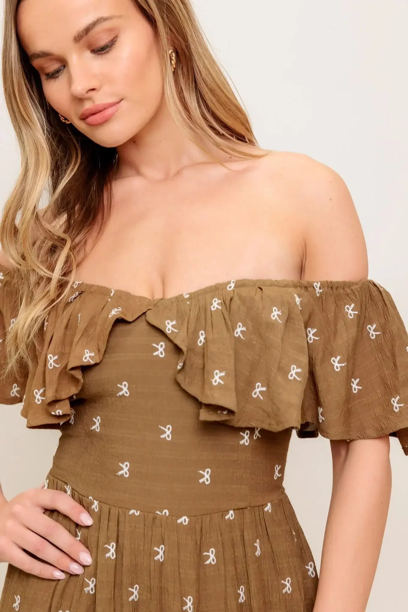 BELLE AMOUR OFF SHOULDER BROWN MIDI DRESS
