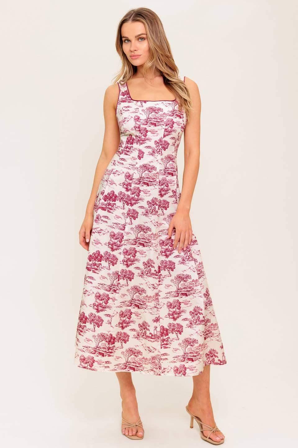 RASPBERRY ROSÉ TOILE MIDI DRESS - BERRY