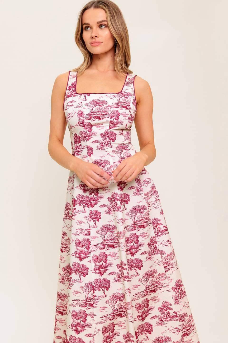 RASPBERRY ROSÉ TOILE MIDI DRESS - BERRY