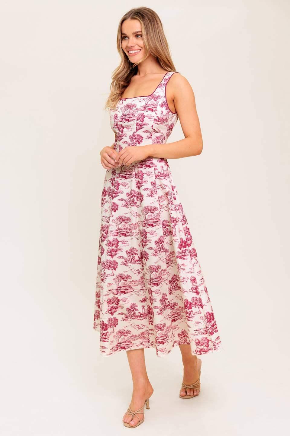 RASPBERRY ROSÉ TOILE MIDI DRESS - BERRY