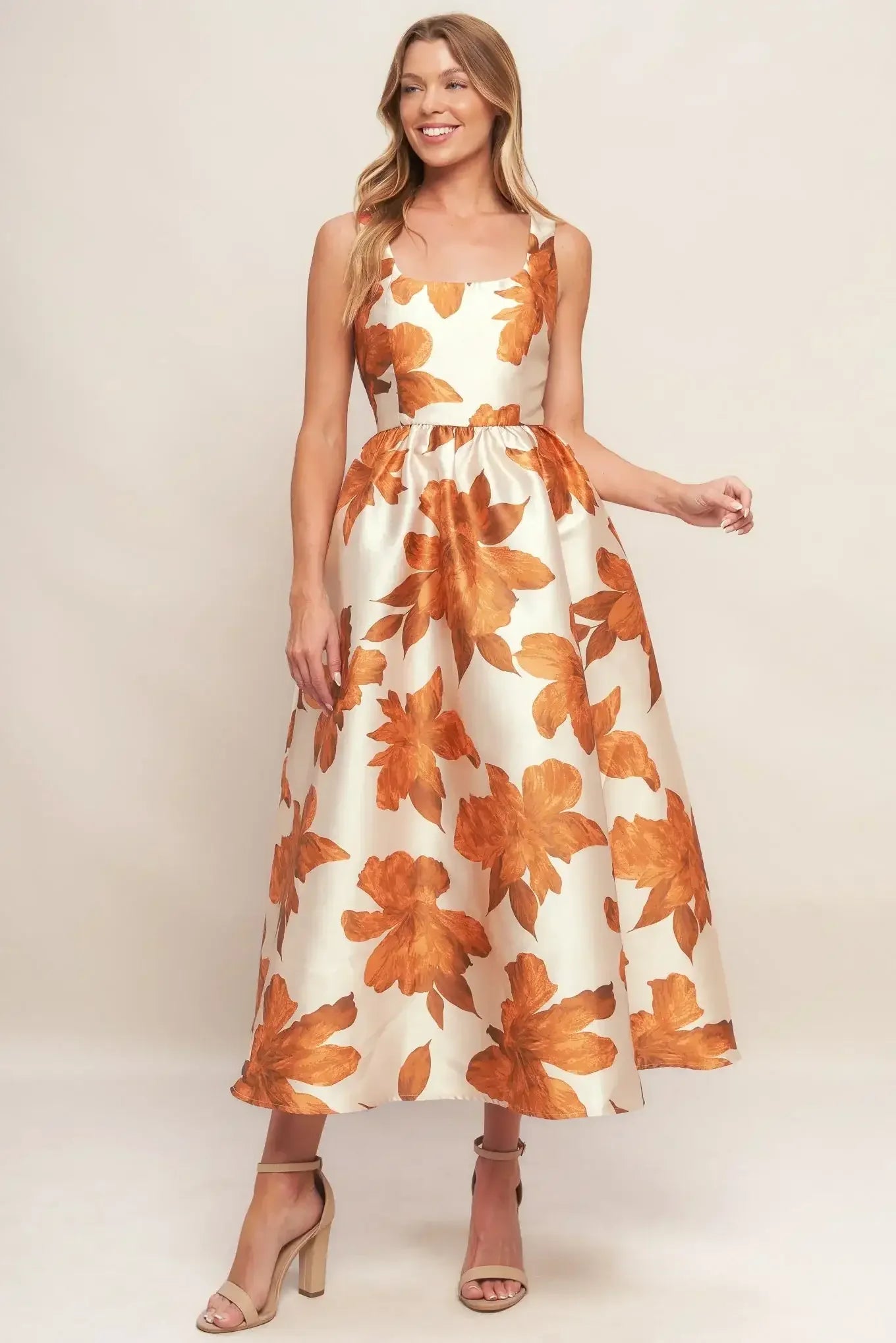 FALL FLORAL SATIN MIDI DRESS - RUST
