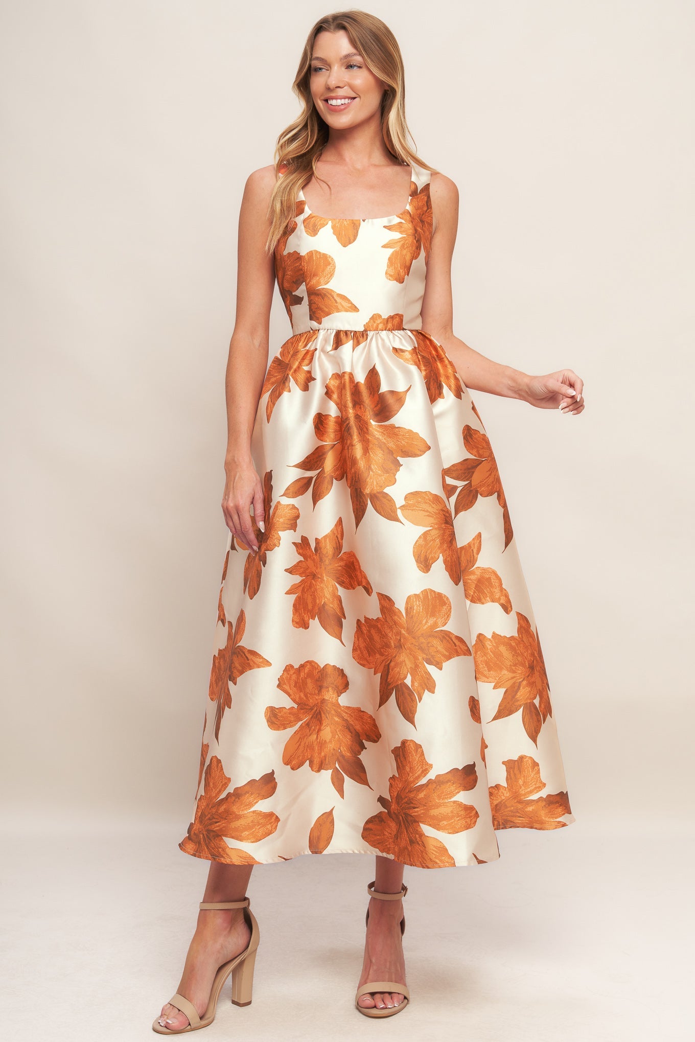 FALL FLORAL SATIN MIDI DRESS - RUST